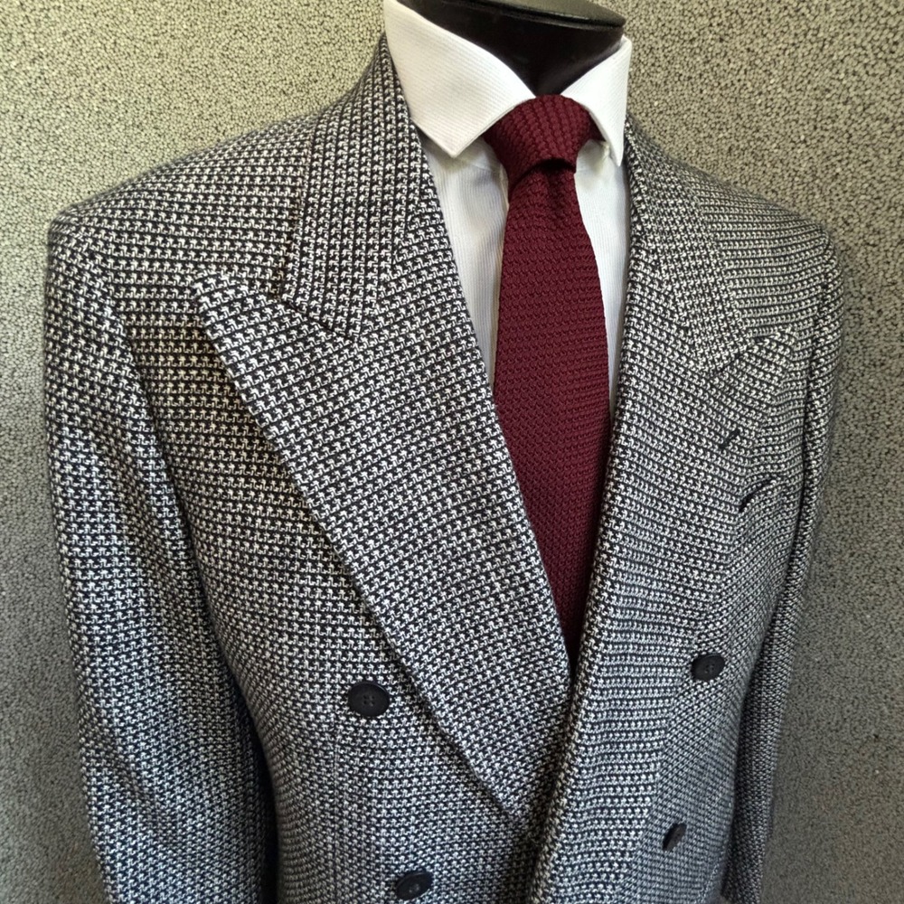 Austin Grey Peak Lapel Blazer Coat 41R Black White Tweed Double Breasted Retro